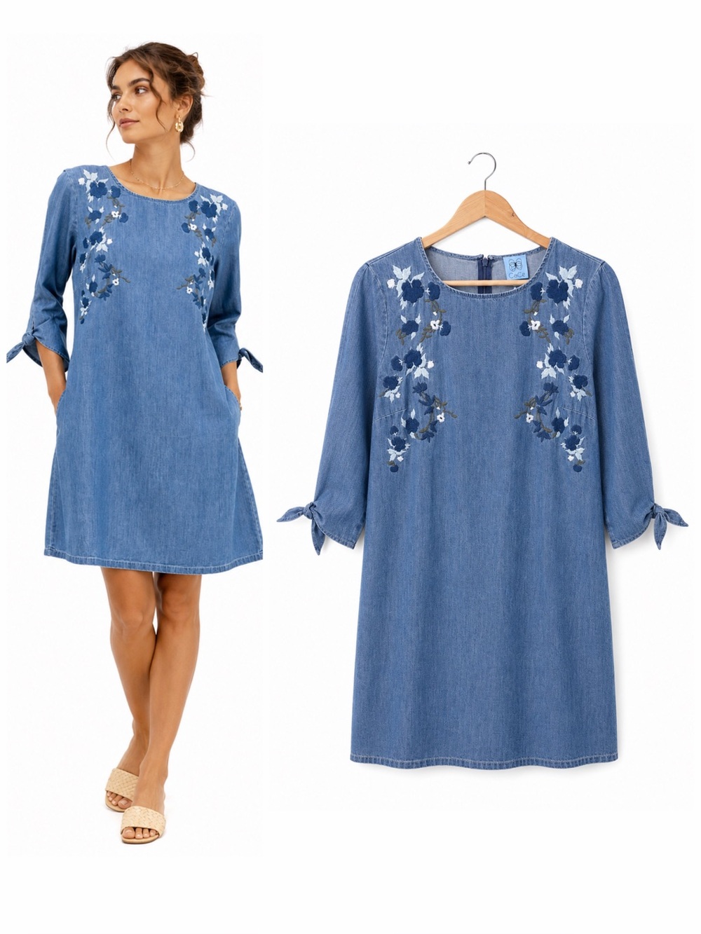 CeCe Embroidered Chambray Dress Blue Floral Cotton Shift Dress Size 6